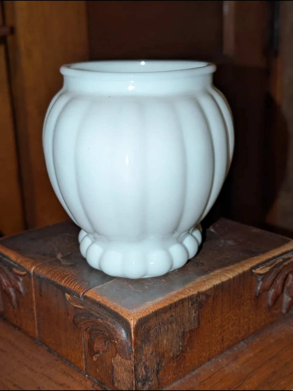 White Milk Glass Vase Ribbed Ball Pattern 7.5